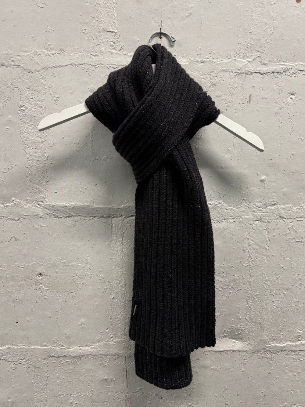 JIL SANDER BLACK CHUNKY CABLE KNIT SCARF WOOL BLEND SILVER THREAD